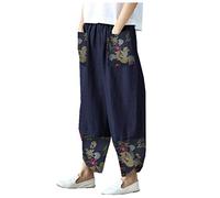 Light Weight Ladies Trousers Women's Boho Linen Trousers Casual Loose Comfy Patchwork Retro Print Capris Elastic Waist Harem Pants Wide Leg Lightweight Cropped Trouser with Pockets Holiday Beach Wear