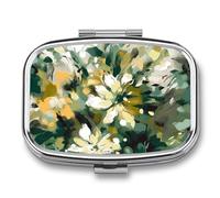 Light Yellow Dark Green Pill Box 2 Compartment, Portable Pill Case with Mirror for Pocket Purse Travel, Mini Metal Medicine Organizer for Vitamins Fish Oil