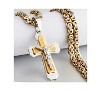 (Light Yellow Gold Color, 70cm) Men Stainless Steel Jesus Christ Heavy Crucifix Cross Pendant Necklace Holy Byzantine Chain Necklaces Religous Jewelry