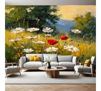 Light Yellow Wall Mural Grass Daisies and Roses Photo Poster Mural Wallpaper Non-Woven Premium Art Print Living Room Bedroom Nursery TV Background Home Decor 300 x 210cm