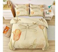 Light Yellow Warm Orange Duvet Cover, Bird Dragonfly Tulips Flowers Easy Care Microfiber Bedding with Pillowcase, American Pastoral Quilt Cover for Teens Girls Kids, Cot-bed