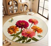 Light Yellow Washable Round Rugs 120 cm, Non Slip Retro Pink Flowers AnimalsBoys Girls Circle Rug - Super Soft Low Pile Area Carpet for Bedroom Living Room Kids Room