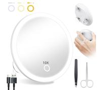 Lighted 10X Magnifying Mirror, Makeup 10X Magnification with 3 Suction Cups, Handheld Magnified Mirror with 3 Color Lights Rechargeable 5inch Travel Magnification with Tweezers & Scissors