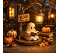 Lighted Boo Ghost Reading Tabletop Decor, Cute Ghost Reading Lantern, 3D Resin Halloween Ghosts Night Light, Halloween Cute LED Night Light, Gift for Home, Book Lovers, Party (1pc)