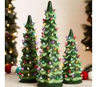 Lighted Ceramic Christmas Tree, Pre-Lit Hand-Painted Tabletop Christmas Tree with Multicolored LED Lights, Battery Operated Vintage Ceramic Tree for Home Table Holiday Decor, Green(set)