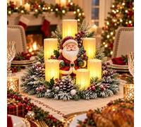 Lighted Christmas Candle Bridge Centerpiece for Winter Home Decor | Traditional winter table decoration featuring warm white glowing lights, flocked foliage and hand-painted resin figure.
