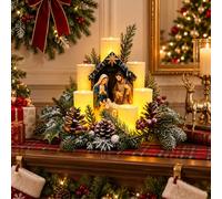 Lighted Christmas Candle Bridge Centerpiece for Winter Home Decor | Traditional winter table decoration featuring warm white glowing lights, flocked foliage and hand-painted resin figure.