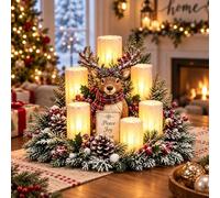 Lighted Christmas Candle Bridge Centerpiece for Winter Home Decor | Traditional winter table decoration featuring warm white glowing lights, flocked foliage and hand-painted resin figure.