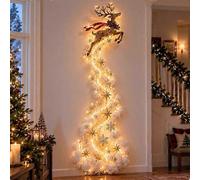 Lighted Christmas Reindeer Waterfall Wall Decor, Flying Deer with Warm LED String Lights Snow Star Ornaments, Rustic Holiday Wall for Indoor Home D… C
