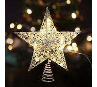 Lighted Christmas Tree Topper, 6.69 Inch Gold Christmas Tree Star with Warm White Fairy LED Lights, Glittered Hollow Tree Topper Star for Home Christmas Tree Decorations (Silver)