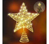 Lighted Christmas Tree Topper, 6.69 Inch Gold Christmas Tree Star with Warm White Fairy LED Lights, Glittered Hollow Tree Topper Star for Home Christmas Tree Decorations (Gold)