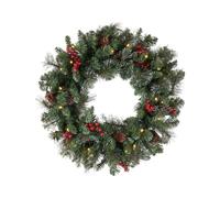 Lighted Christmas Wreath - Farmhouse Winter Garland with Red Berries 18" Diameter Frame, Auto Timer Function + Metal Hook, Durable Weather Resistant Foliage | for Spring Willko