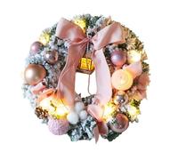 Lighted Christmas Wreath for Front Door Xmas Wreath with LED Lights, Prelit 12” Artificial Garland with Cotton Balls, Ribbon Bows & Holiday Ornaments for Front Door, Window, Wall Decoration (Pink)
