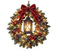 Lighted Christmas Wreath with LED Lights and Robin Bird Ornament Decor | Warm LED Glow, British Robin Design, Red Berry Accents, Pine Cone Detailing, Fireplace Wall Window Indoor Outdoor Xmas Decor