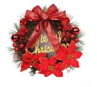 Lighted Christmas Wreath with Metal Hang, Pre-lit Xmas with Large Golden Bow & Balls, Front Door Gate Wall Xmas Party Decorations(red)