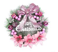 Lighted Christmas Wreath with Metal Hang, Xmas with Large Golden Bow & Balls, Front Door Gate Wall Xmas Party Decorations(pink)