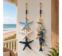 Lighted Coastal Wooden Starfish & Fish Hanging Decor, Beachy Nautical Wall Ornament with Warm LEDs for Bathroom, Porch and Beach House (Fish + Starfish,Warm Light)