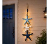 Lighted Coastal Wooden Starfish & Fish Hanging Decor, Beachy Nautical Wall Ornament with Warm LEDs for Bathroom, Porch and Beach House (Starfish,Warm Light)