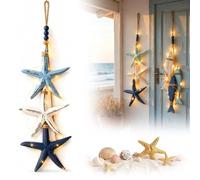 Lighted Coastal Wooden Starfish & Fish Hanging Decor, Beachy Wall Decor With Warm Led, 23.2 In × 6.7 In Coastal Nautical Beachy Wall Art Hanging For Bathroom Porch House Restaurant Door，Starfish style