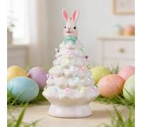 Lighted Easter Bunny Tree, Battery Operated LED Resin Tabletop Decor with Colourful Lights and Rabbit Ears, Spring Holiday Home Decoration & Gift (White)