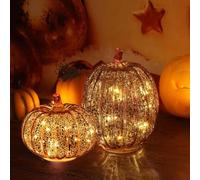 Lighted Glass Pumpkins Light - Mercury Glass Pumpkin Lamp with Timer, Fall Pumpkin Lamps Tabletop Centerpiece Decorations Autumn Thanksgiving Home Halloween Decor for Home, Fireplace, Mantel (BC, 2PC)
