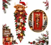 Lighted Highland Cow Christmas Door Swag, Farmhouse Holiday Decor (A1PC) | Festive Highland cow swag with warm LED glow, plaid accents and rustic charm for front doors and holiday displays.