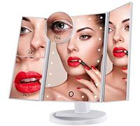 Lighted Makeup Mirror, 21 LED Lights Vanity Cosmetic Mirror, Tri-Fold Magnification Touch Screen 2X 3X 10X Magnification, 180°Free Rotation, Dual Power Supply White