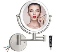 Lighted Makeup Mirror Wall Mounted with Magnification, Brass Brushed Nickel | 8-Inch, 1X/5X Magnifying Double-Sided, Adjustable Swing Arm, 3 Color LED Lighting, Touch Dimming, Bathroom Banity, Hardwired