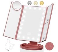 Lighted Makeup Mirror with 22 LED Lights, Dual Power Supply 1x/2x/3x/10x Magnifying Touch Screen Dimmable Mirror, 180 Degree Adjustable Angle, Travel Cosmetic Mirror - Pink Gold