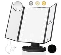 Lighted Makeup Mirror with 22 LED Lights, Dual Power Supply 1x/2x/3x/10x Magnifying Touch Screen Dimmable Mirror, 180 Degree Adjustable Angle, Travel Cosmetic Mirror - Black