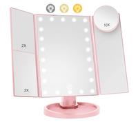 Lighted Makeup Mirror with 22 LED Lights, Dual Power Supply 1x/2x/3x/10x Magnifying Touch Screen Dimmable Mirror, 180 Degree Adjustable Angle, Travel Cosmetic Mirror - Pink