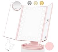 Lighted Makeup Mirror with 22 LED Lights, Dual Power Supply 1x/2x/3x/10x Magnifying Touch Screen Dimmable Mirror, 180 Degree Adjustable Angle, Travel Cosmetic Mirror - Pink