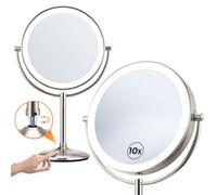 Lighted Makeup Mirror with Magnification: 1X/10X Magnifying Vanity Mirror with 3 Color Dimmable Light, 9" Large Rechargeable Standing Desk Mirror, Base Touch & Base Charging Port, Touch Sensor, Nickel