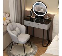 Lighted Makeup Vanity Dressing Table Modern Black Glass Top 3 Spacious Drawers Cushioned Chair Elegant Bedroom Furniture Stylish Beauty Station