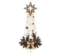 Lighted Nativity Scene Wall Art Christmas Star Decoration，Brown | LED Warm White Lights, 39.37 inch / 100 cm, Holy Family Silhouette, Indoor Wall Hanging, Star Bead Garland