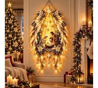 Lighted Nativity Wall Decoration with 3D Star of Bethlehem Christmas Wreath | LED Christmas Wall Hanging With Holy Family Scene and Warm Lights, for Homeowners Decorators Renters Home Office Apartment