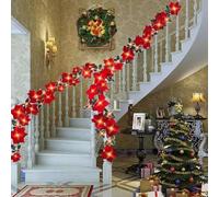 Lighted Poinsettia Christmas Garland with Red Berries and Holly Leaves,Poinsettia Velvet Artificial P-oinsettia Garland String Lights with Red Berries Holly Leaves for Christmas Decorations (9.8FT)