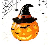 Lighted Pumpkin Witch Hat Decor - Halloween Resin Table Lamp, Glowing Figurine Accent For Interior Exterior Spaces, Spooky Decorative Light For Desk Shelf Bedroom Living Room Office Entryway Ambience