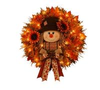 Lighted Scarecrow Fall Wreath for Front Door, Autumn Harvest Sunflower Maple Wreath and Farmhouse Burlap Bow & Autumn Leaf Decor for Porch, Wall & Indoor Home Decor Gifts Sets