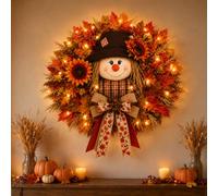 Lighted Scarecrow Fall Wreath for Front Door, Harvest Sunflower Maple Leaf Autumn Wreath with Burlap Bow for Porch and Thanksgiving Decor (Without Lights)