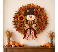 Lighted Scarecrow Fall Wreath for Front Door, Harvest Sunflower Maple Leaf Autumn Wreath with Burlap Bow for Porch and Thanksgiving Decor (With Lights)