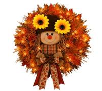 Lighted Scarecrow Fall Wreaths for Front Door, Autumn Harvest Sunflower Maple Wreath, Farmhouse Burlap Bow, for Autumn Harvest Thanksgiving Outdoor Indoor Wall Home Decor