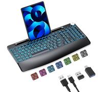 Sksyloo 2.4G Wireless Large Print Keyboard with 7 Colored Backlits,Rechargeable,with Phone Holder &Wrist Rest, Lighted up Full Size Keyboard for Mac Windows Laptop PC, Black