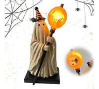 Lighted Vintage Ghost Figurine with Glowing Pumpkin Staff, Light Up Pumpkin Resin GhostSculpture, Vintage Patchwork Ghosts Halloween Decor, Cute Spooky Ghost Statue for Mantel Shelf Entryway Table