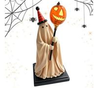 Lighted Vintage Ghost Figurine with Glowing Pumpkin Staff, Light Up Pumpkin Resin GhostSculpture, Vintage Patchwork Ghosts Halloween Decor, Cute Spooky Ghost Statue for Mantel Shelf Entryway Table