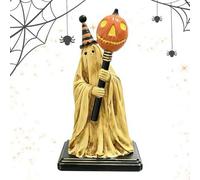 Lighted Vintage Ghost Figurine with Glowing Pumpkin Staff, Light Up Pumpkin Resin GhostSculpture, Vintage Patchwork Ghosts Halloween Decor, Cute Spooky Ghost Statue for Mantel Shelf Entryway Table