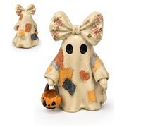 Lighted Vintage Patchwork Ghost Figurine with Pumpkin Lantern, Halloween Decor Gifts, Rustic Farmhouse Style Ghosts Pumpkins Lamp, Resin Material, Mantel & Porch Use (Multicolor-no light-10cm)