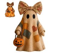 Lighted Vintage Patchwork Ghost Halloween Decor Gifts, LED Rustic Farmhouse Ghost Figurine with Pumpkin Lantern, Spooky Cute Fall Centrepiece for Mantel Shelf Tiered Tray Porch (1)