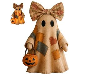 Lighted Vintage Patchwork Ghost Halloween Decor Gifts, LED Rustic Farmhouse Ghost Figurine with Pumpkin Lantern, Spooky Cute Fall Centrepiece for Mantel Shelf Tiered Tray Porch (1)