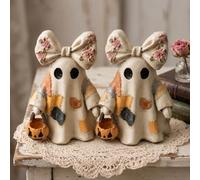 Lighted Vintage Patchwork Ghost, Light Up Ghost with Pumpkin Lantern, Vintage Patchwork Ghosts Lamps Fall Figurine Halloween Decorations for for Mantel Shelf Entryway Porch